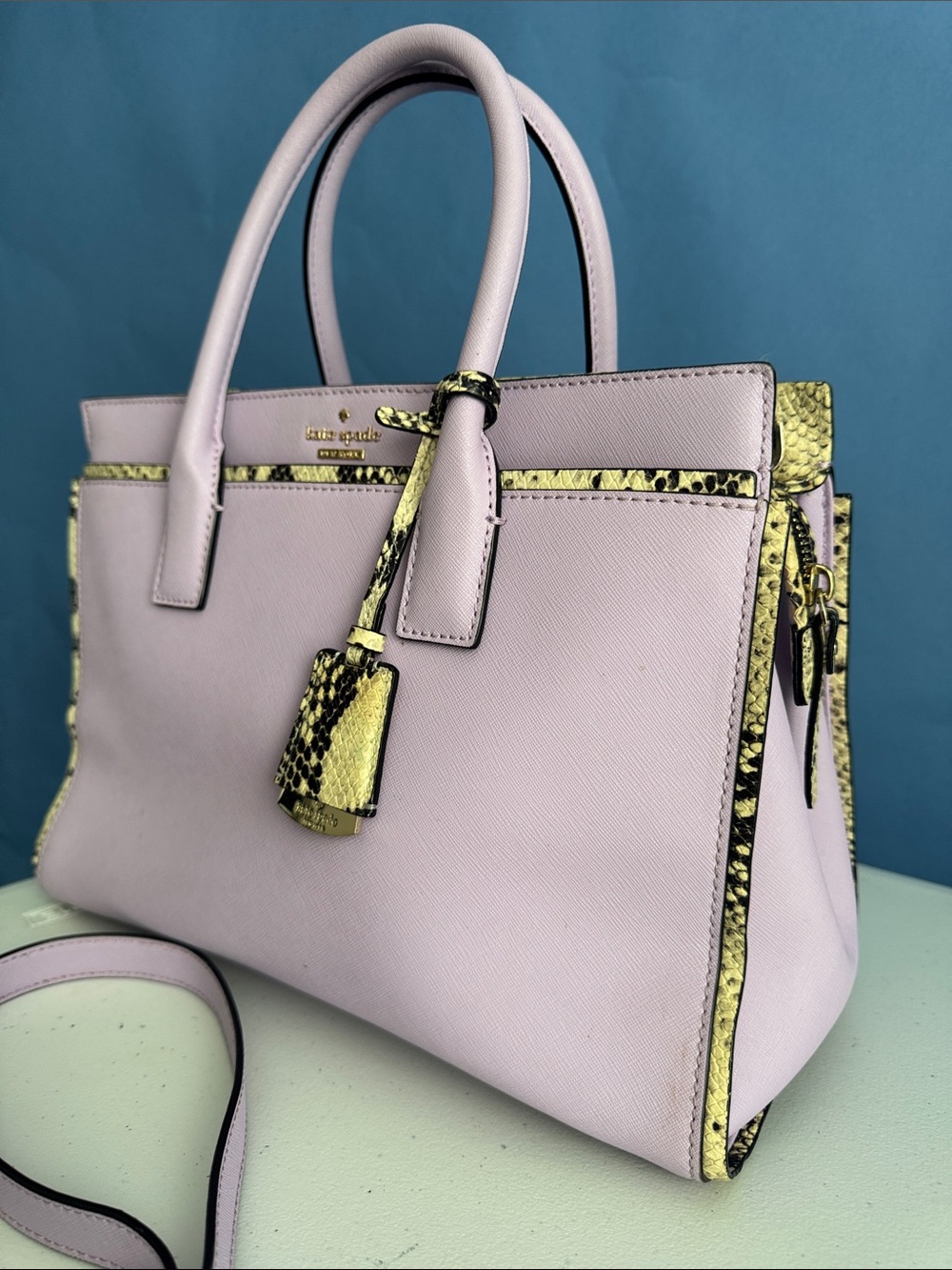 kate spade Lilac Satchel with Yellow Snake-Accent Trim - Picture 11 of 16